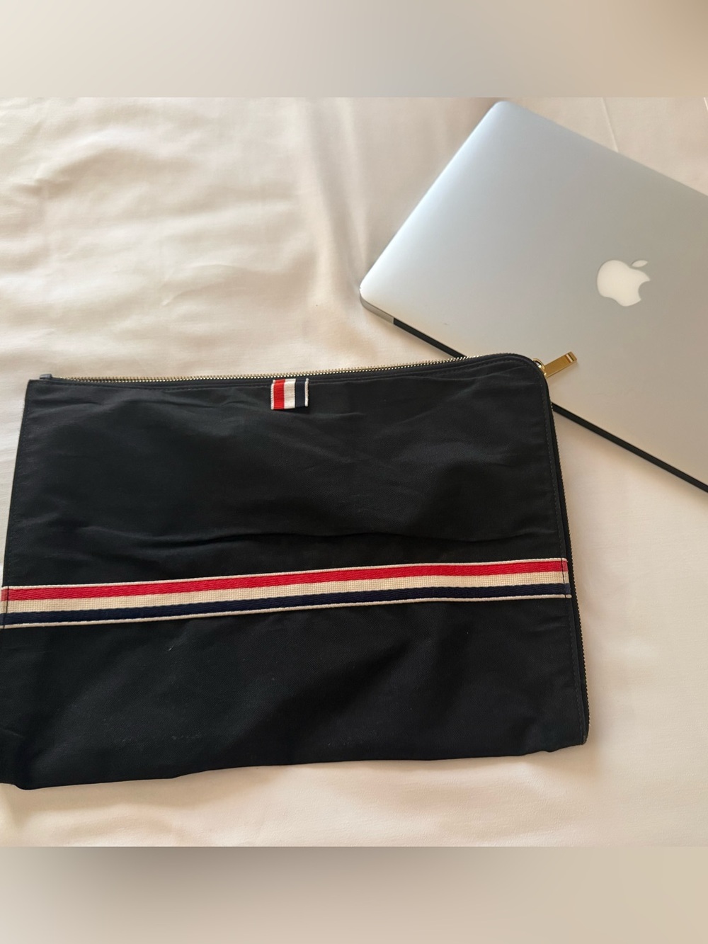 Thom Browne Black Laptop Sleeve with Red‑White‑Blue Stripe